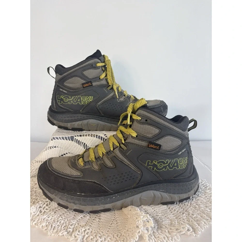 Hoka Tor Tech Mid WP Hiking Boots Mens 10 Waterproof Trail Shoes Grey/Acid RMAT